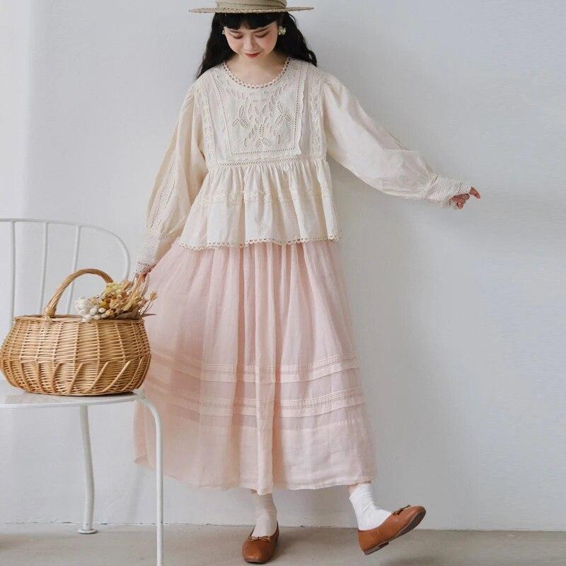 Johnature Japanese Patchwork Embroidery High Waist Women Skirts Summer All Match Vintage Loose Women Skirt