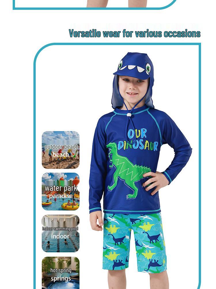 Costume da bagno due pezzi a maniche lunghe per bambini con dinosauri - Verde, Asciugatura rapida, Protezione solare per neonati e bambini piccoli