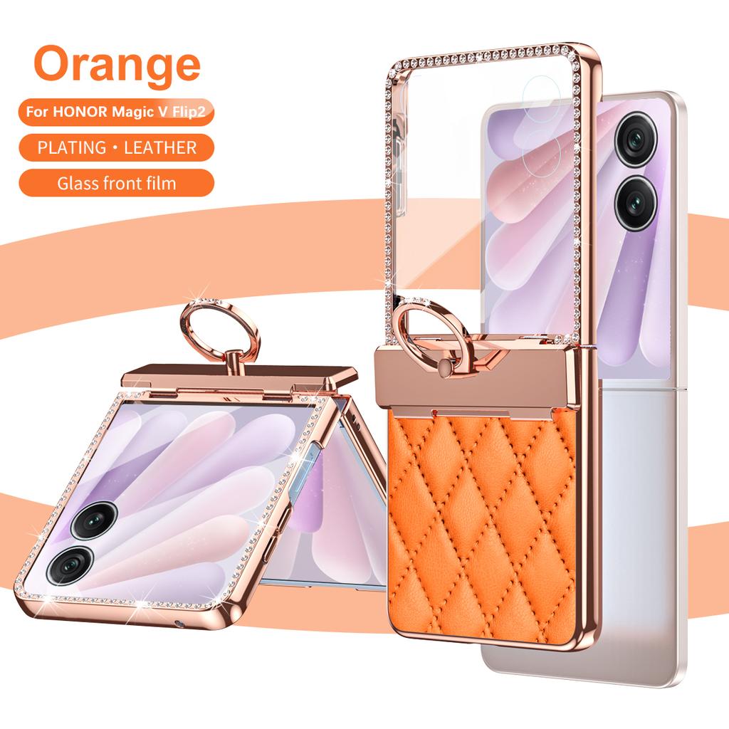 Luxury Fashion Diamonds Leather Plating Ring Holder Phone Case For Honor Magic V Flip 2 Hinge Full Protection V Flip2 Cover