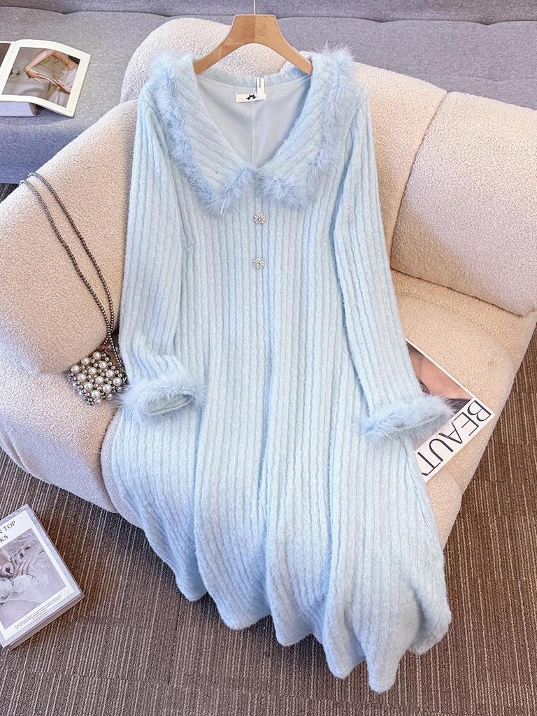 Plus Size Women's Slimming Knit Dress for Autumn/Winter - Versatile Long Sleeve Skirt (130-300 Jin)