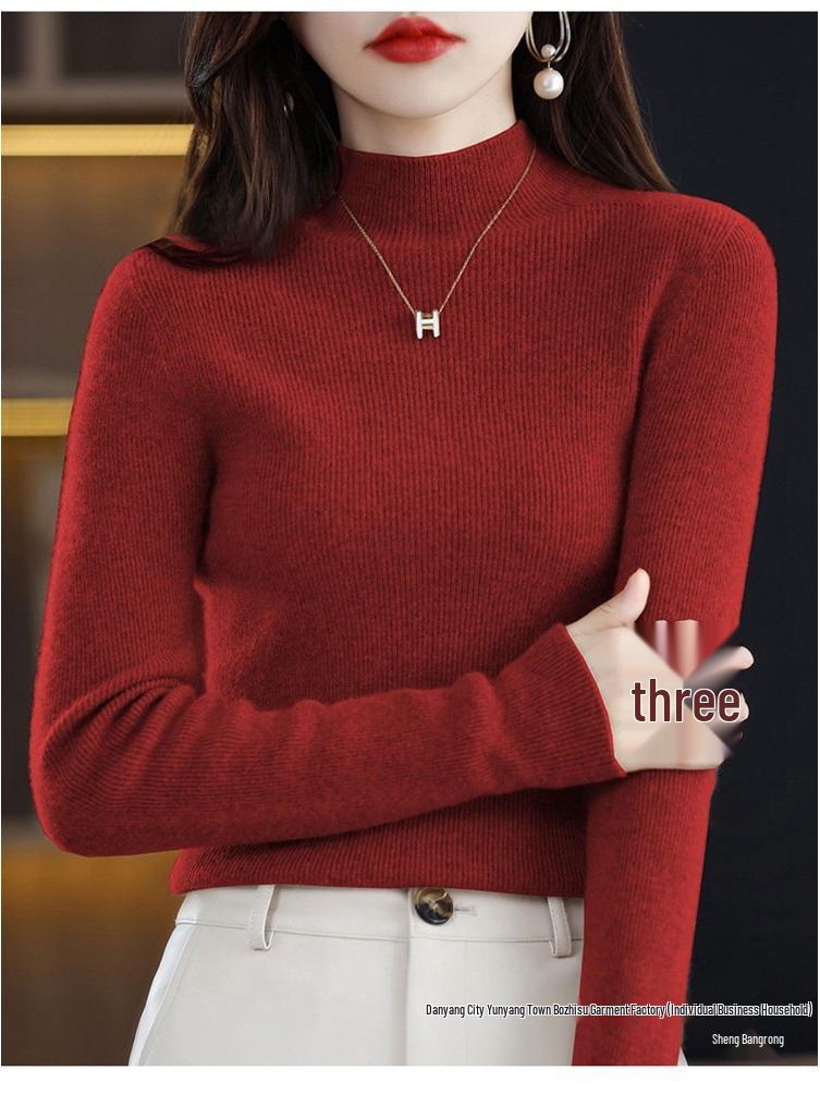 Första Linjens Damstickad Tröja med Halvhög Hals i Ullblandning – Höst/Vinter Smalstickad Basplagg