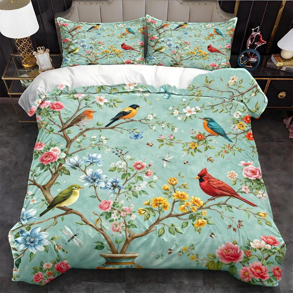 3Pc European Style Floral Bird Duvet Cover Set Double Bed - Machine Washable Invisible Zipper Bedding with 2 Pillowcases, Vintage