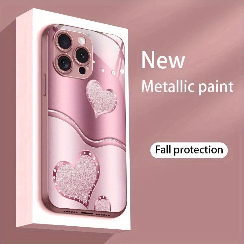 Cute Love Heart Pattern Pink Metallic Paint Glass Hard Phone Case For iPhone 17 Air 17 16 15 14 13 12 11 Pro Max Plus 16E Cover