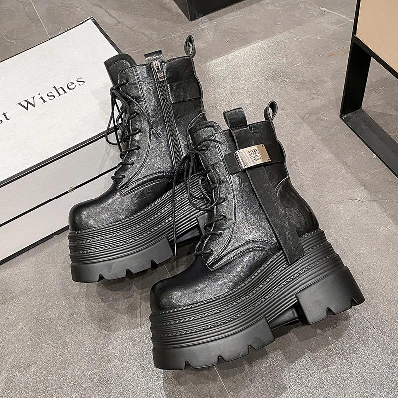 10CM New Women High Platform Ankle Boots Winter Warm Fur Chunky Snow Shoes Lace-up Sneakers Woman Leather Motorcycle Boots Mujer