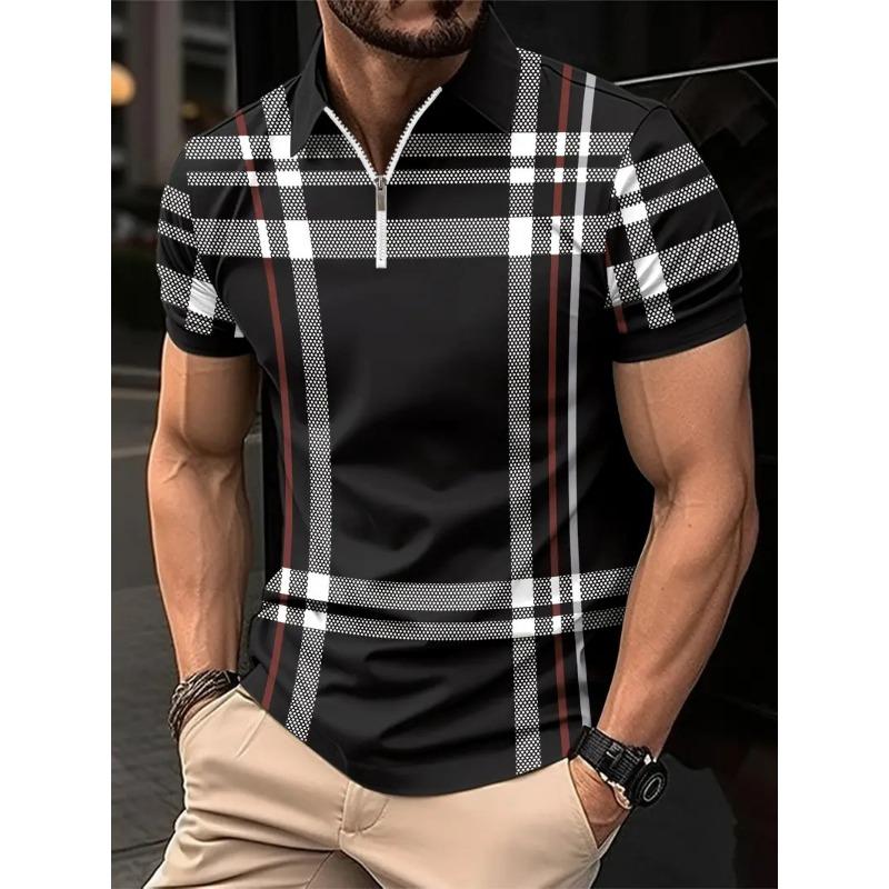 Plaid 3D Printed Short-Sleeved Top Men'S Casual Lapel Polo Shirt