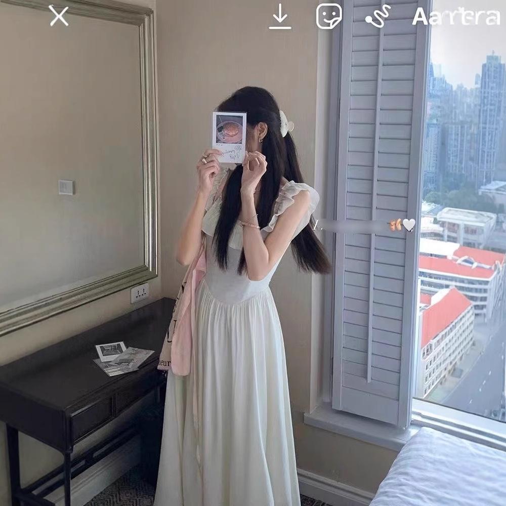 French Ruffle Leaf Edge Small Flying Sleeve Chiffon Dress Women's Spring and Summer New Korean Square Collar Temperament Pink Long Skirt