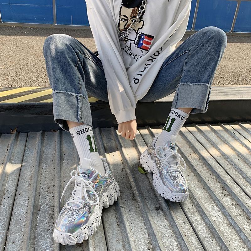 TUINANLE Reflective Chunky Sneakers Women Fashion Glitter Bling Vulcanized Shoes Woman Designer Platform Sneakers Shoes