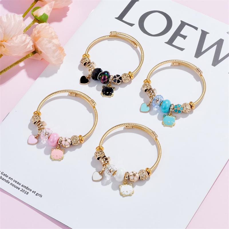 Cute Cat Flower Heart Charm Bracelets for Women Girls Gold Color Stainless Steel Bangle Sweet Accessories Jewelry Birthday Gift