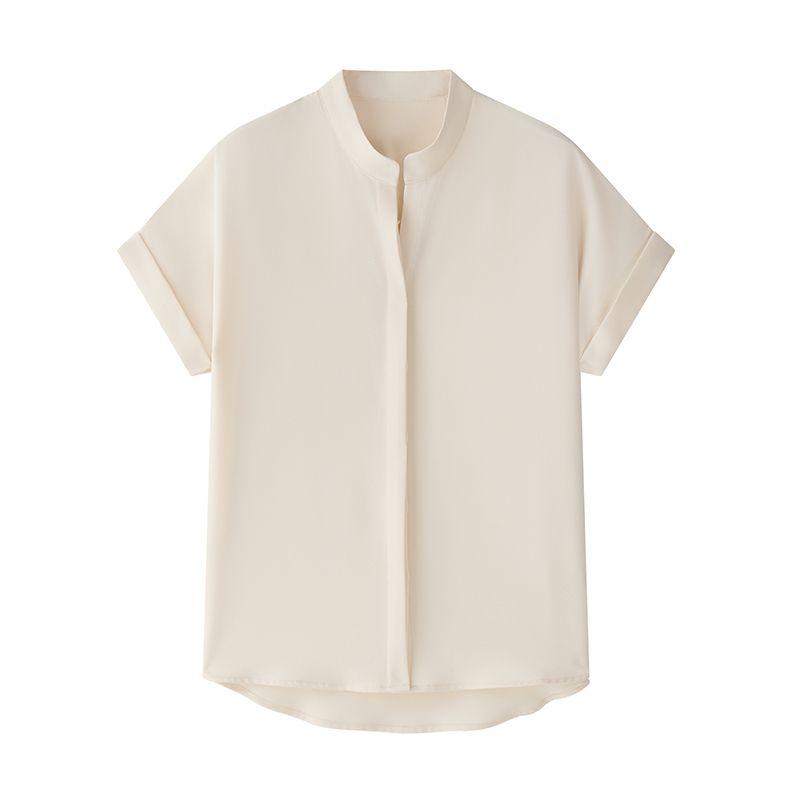 

Yake Black Satin Shirt Short Sleeve Summer Stylish Niche Style V-neck Shirt Elegant Loose All-Matching Top Light Apricot Beige Apricot XXL