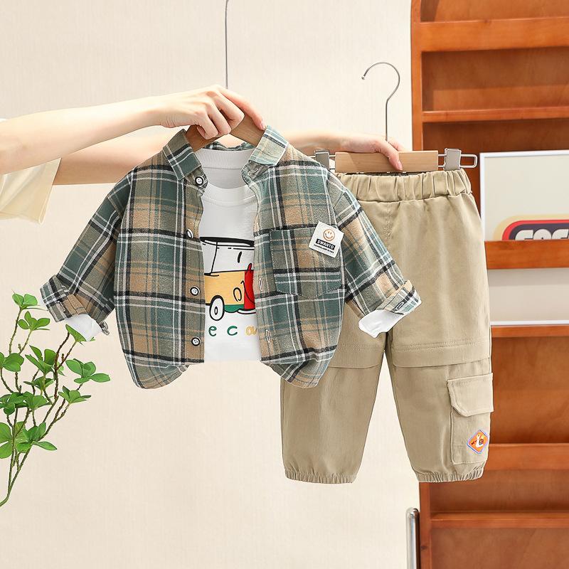 Children's Spring and Autumn Set 2025 New Boys' Fashionable Children's Checkered Shirt and Jeans Three Piece Set Kids Outfits