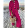 Himbeerrot Einfarbige Bluse Weite Hosen Zweiteiliges Set Damen Urlaub Personalisiertes Langarm-Hosen-Set