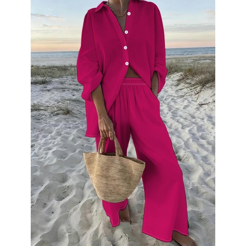 Himbeerrot Einfarbige Bluse Weite Hosen Zweiteiliges Set Damen Urlaub Personalisiertes Langarm-Hosen-Set