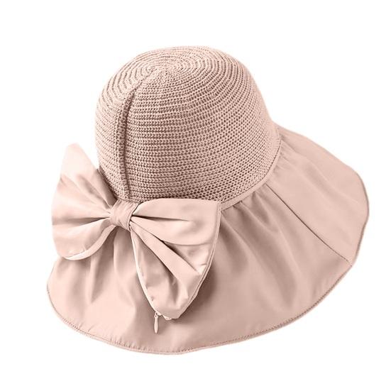 Bucket Hat Bow Decor Sun Protection Large Ruffled Brim Beach Hat Breathable Hollow Woven Top Foldable Travel Hat