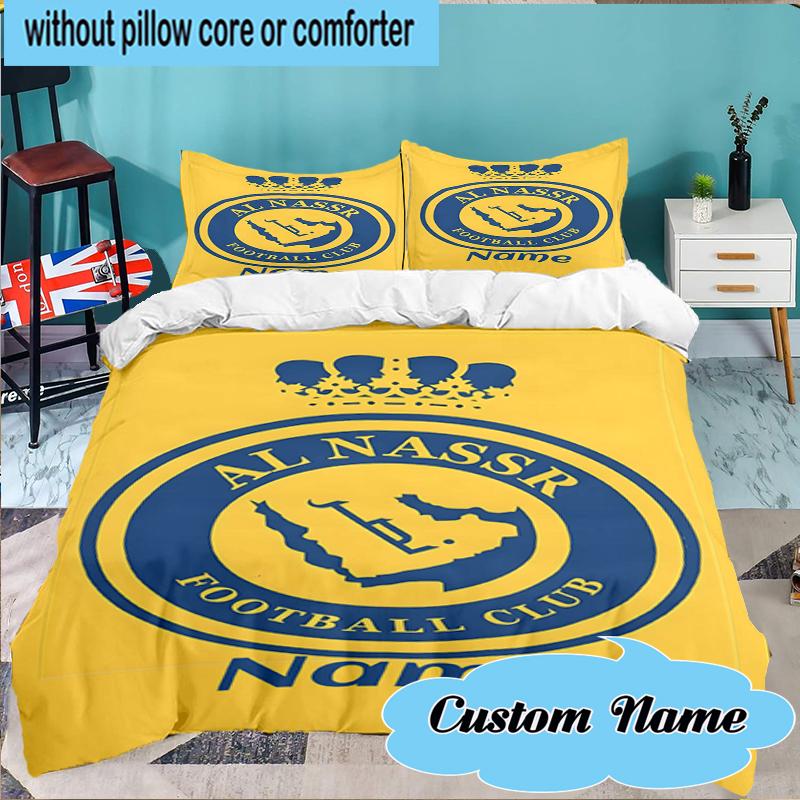 Custom Name Nassr Football Club Crest Bedding Set 3pcs, Bedding Set Including 1pc Duvet Cover And 2pcs Pillowcases for Bedroom, Dormitory Gift