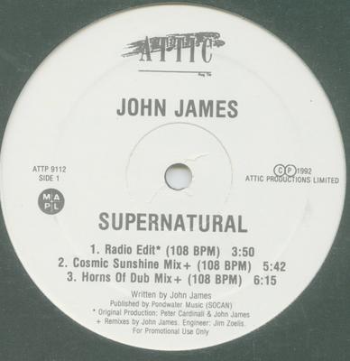 12palcová deska JOHN JAMES - Supernatural ATTP9112 Attic 1992 Kanada Dance & Electronica Použitá