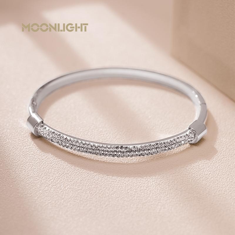 

MOONLIGHT Fashion Cubic Zirconia Cuff Bangles for Women Trendy Titanium Steel Circular Classic Bracelet Female Jewelry Gift 58-60mm серебряный