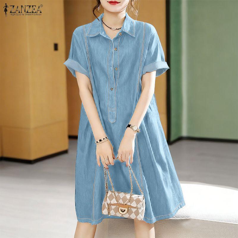 ZANZEA Women Casual Turn Down Collar Solid Color Half Sleeve Loose Shirt Dress