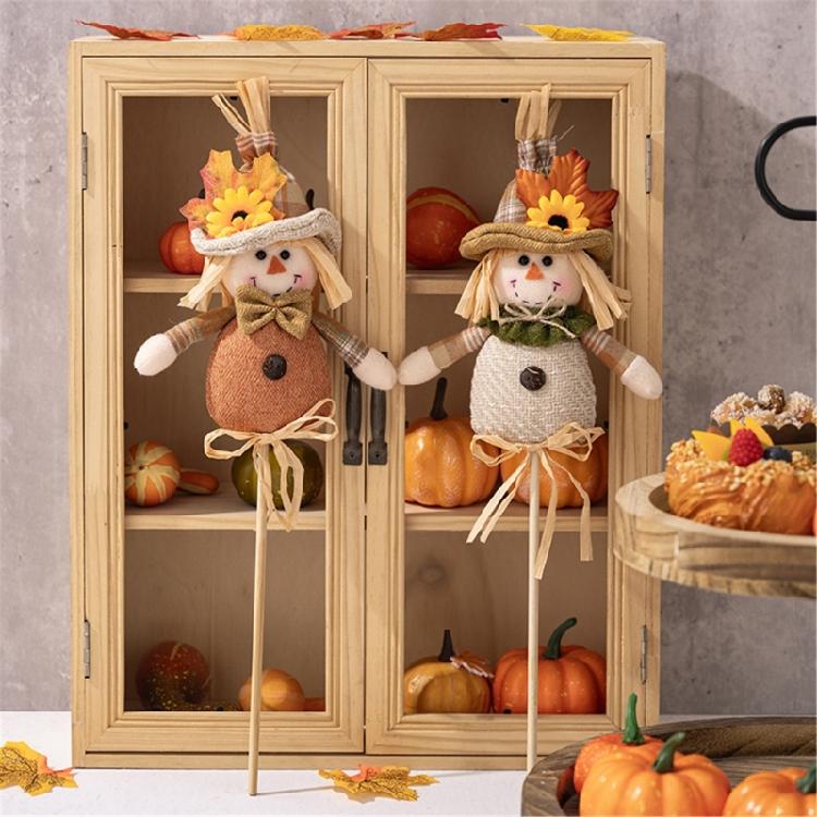 2Pcs Handmade Straw Scarecrow Stick Puppets Thanksgiving Theme Tabletop Display Statue Garden Straw Dolls Accessories