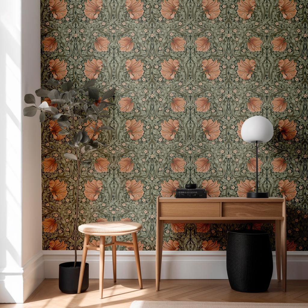 1pc Vintage Floral Self-adhesive Wallpaper Peel And Stick Botanical Sage Green/Tangerine Wall Murals Home Kitchen Bedroom Decor