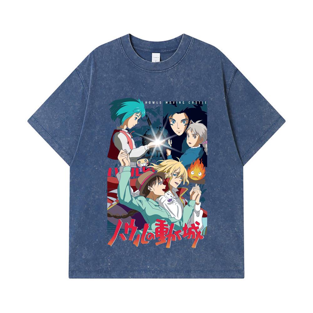 

275 GSM Washed T-shirts 100% Cotton Ghibli V2 Howls Moving Castle Print Unisex Heavy Cotton T Shirt 2XL