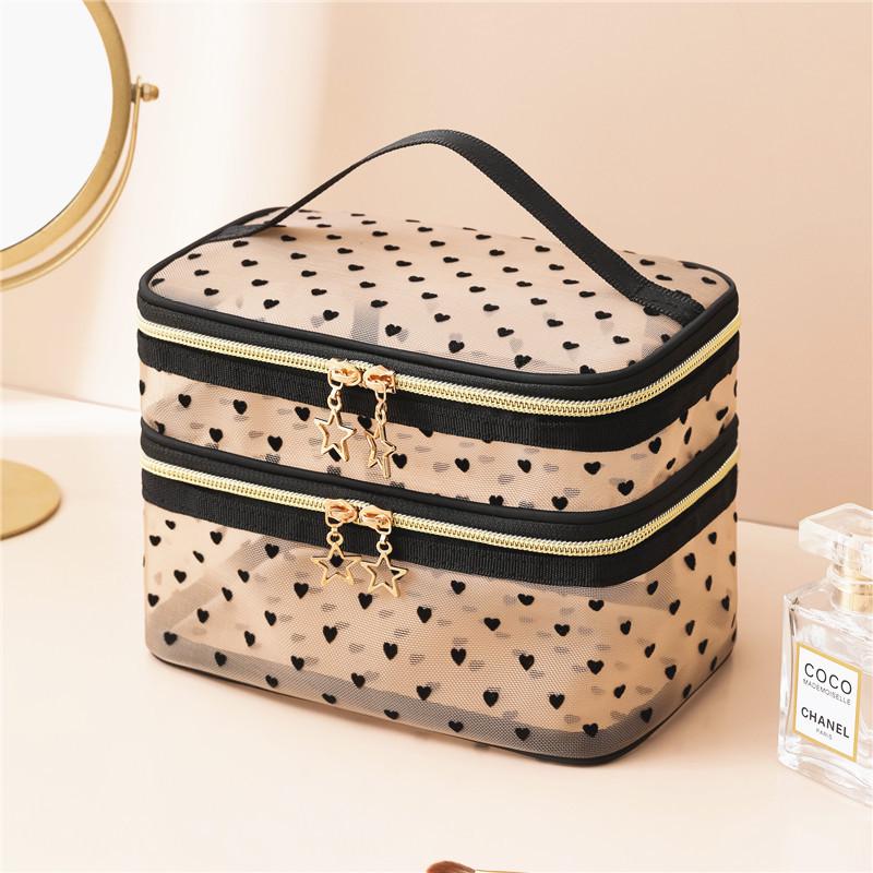 Double-Layer Nylon Mesh Travel Cosmetic Bag - Large Capacity, Transparent, Handheld Toiletry Organizer