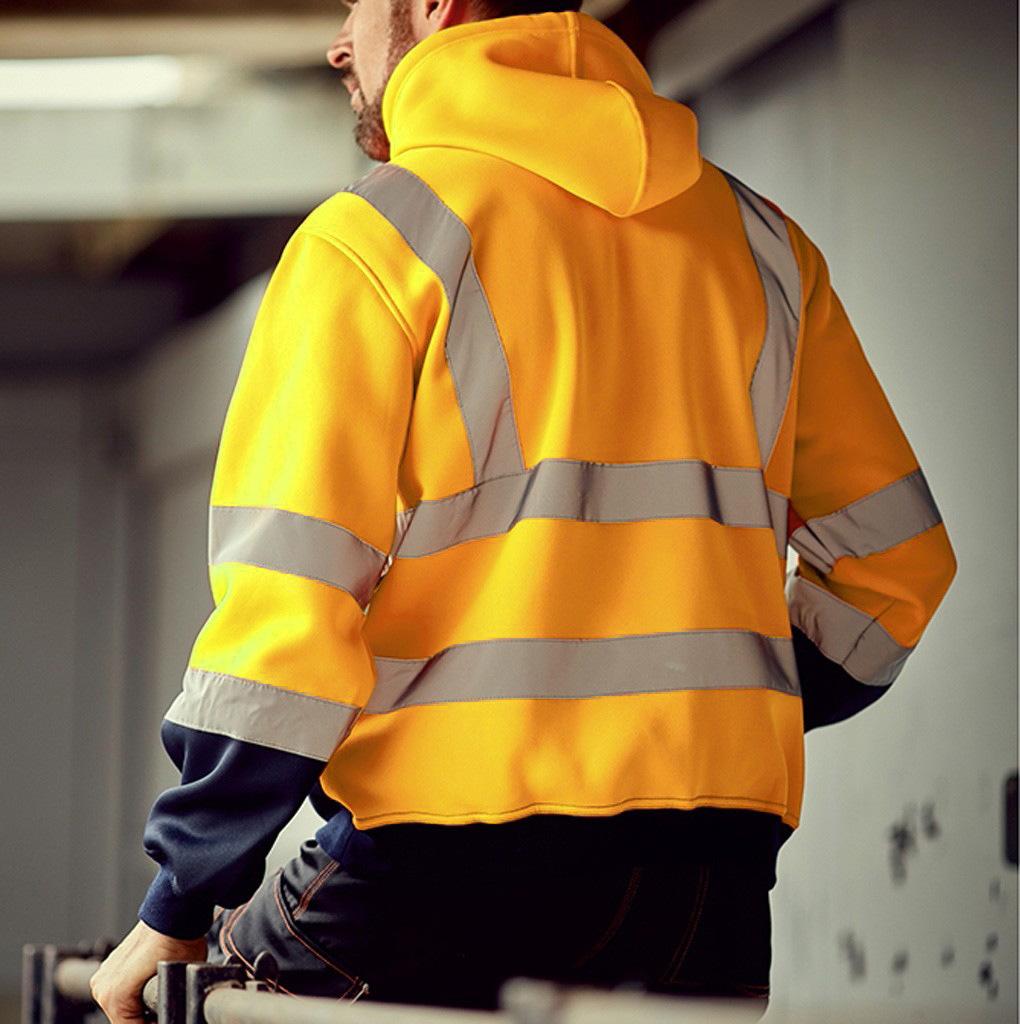 Fleece-lined Outdoor Sanitation Workwear Men's High Visibility Reflective Strip Zipper Color Blocking Hooded Sweatshirts