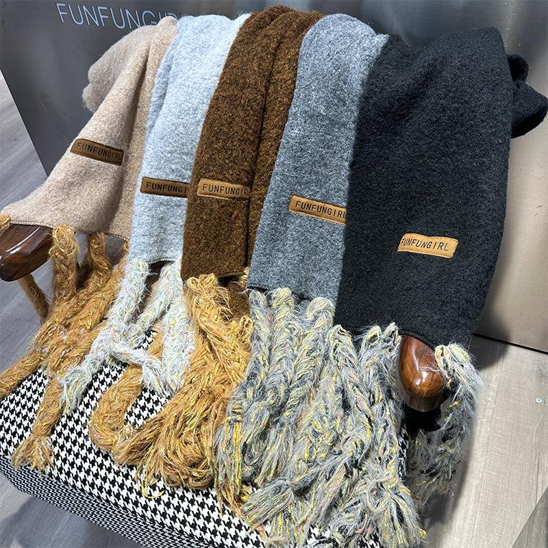 Handmade long tassel retro winter thickened solid color warm scarf women's thick wool scarf