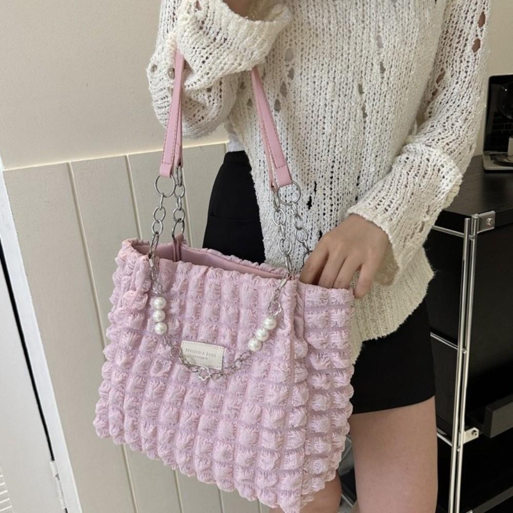 Korean Style Plaid Handbag Beaded Bubble Cloud Bag Fashion Pleated Tote Bag  Girls