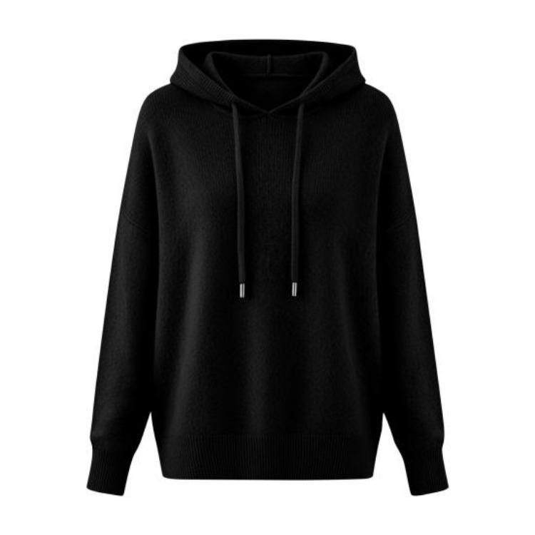 Fall Winter Women Hooded Sweater Long Sleeve Pullover Loose Fit Knitting Top Adjustable Drawstring S чёрный