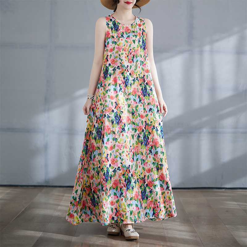 Long Skirt Summer New Round Neck Printed Dress