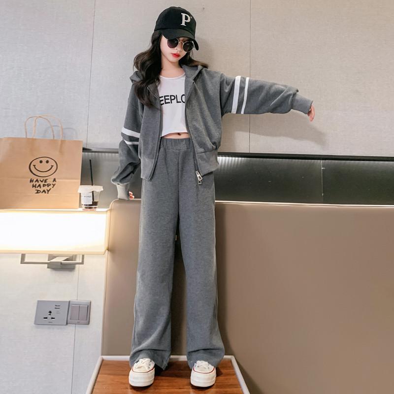 Girls' Spring Hooded Suit with Hoodie and Wide-leg Pants