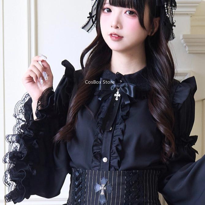 Jirai Kei Prinses Mouwen Strik Kant Blouse Gothic Lolita Donker Set Zwarte Hoge Taille Rok Dames Zoete Kawaii Stijl Japanse Stijl M gray
