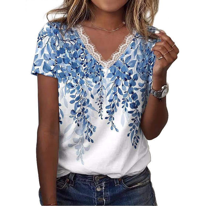 Women's Lace Floral Printed T Shirt V-Neck Short Sleeve Casual Shirts Loose Fashion Blouses Plus Size