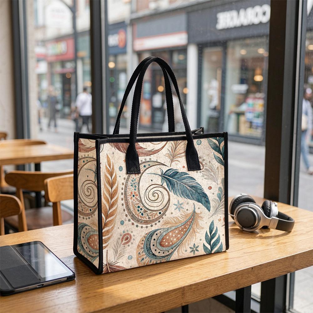 Bohemian Feather Print Tote Bag Casual Large Capacity Daily Shoulder Handbag for Women