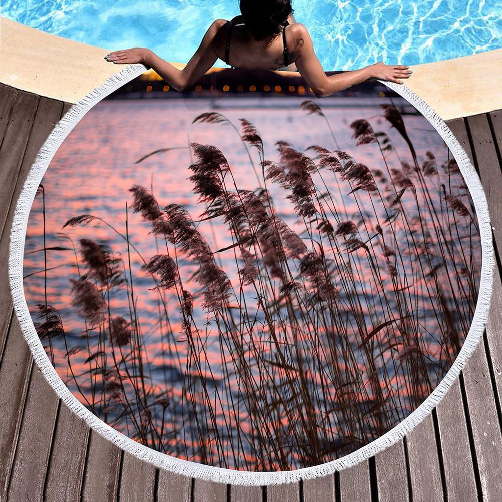 Wild Plant Fluttering Reed Round Beach Towel with Tassels,Polyester Beach Blanket,Soft Absorbent Quick Dry Pool Towel Picnic Mat