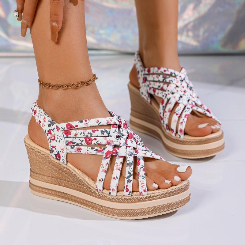 Spring and Summer New Slope Heel Platform Women's Shoes Large Size Printing Casual Platform Muffin Fish Mouth Sandals Women