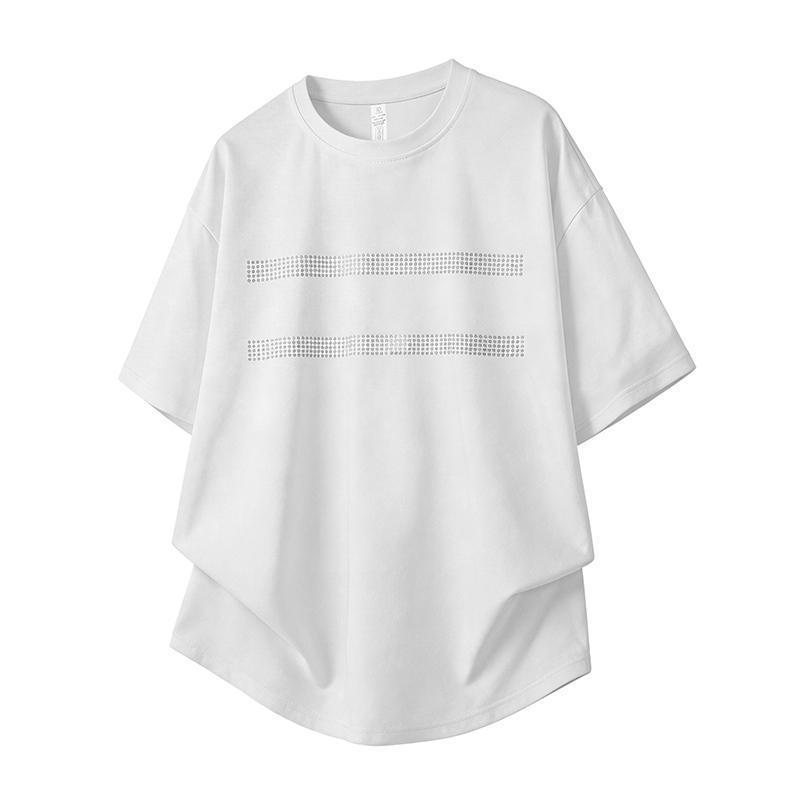 Men s Rhinestone Stripe Print Curved Hem T Shirt Loose Casual White Top M белый
