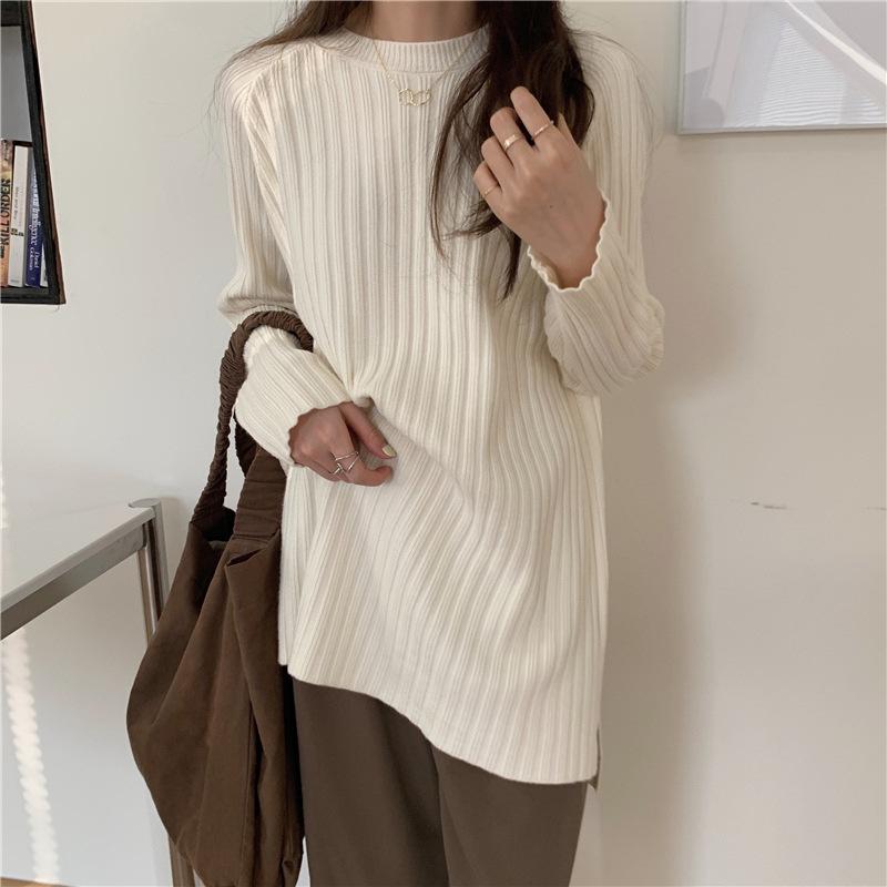 

Новая осенне-зимняя женская одежда ленивый средней длины вязаный свитер однотонная базовая рубашка свитер с круглым вырезом женский топ One Size