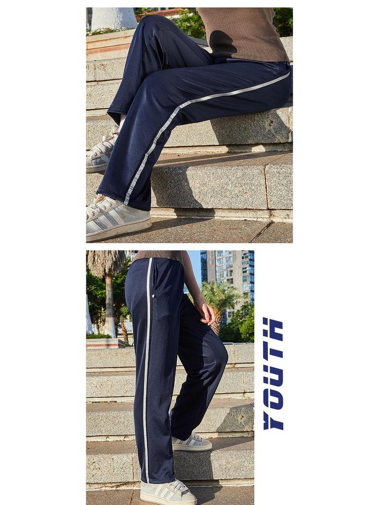 Unisex Dark Blue School Pants with Reflective Stripe – Light, Loose, and Straight Leg for Spring and Autumn