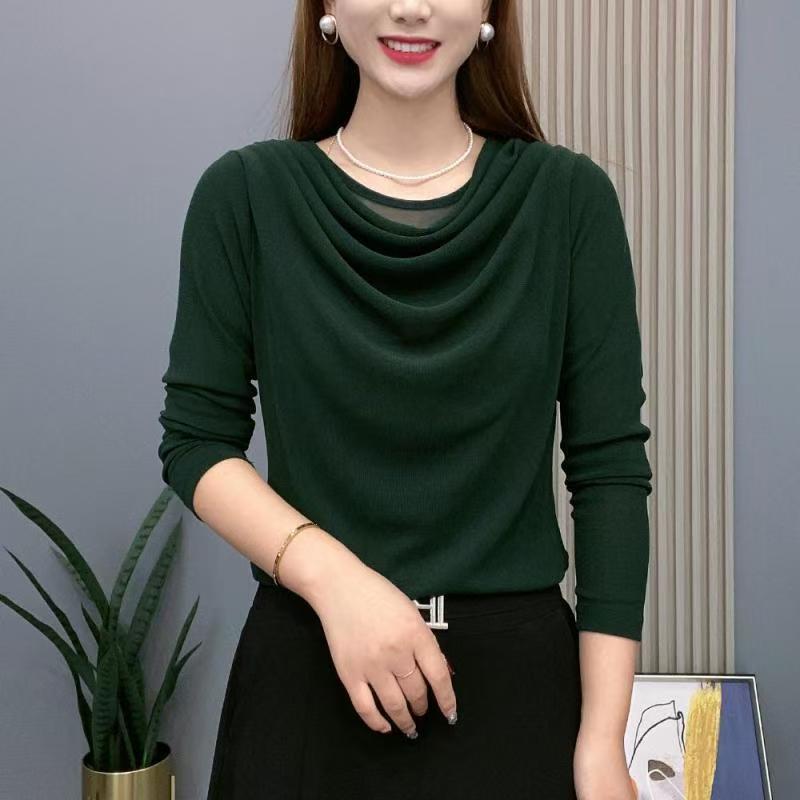One-Piece 2025 Autumn Pile Collar Mesh Long-Sleeve Women's T-Shirt
