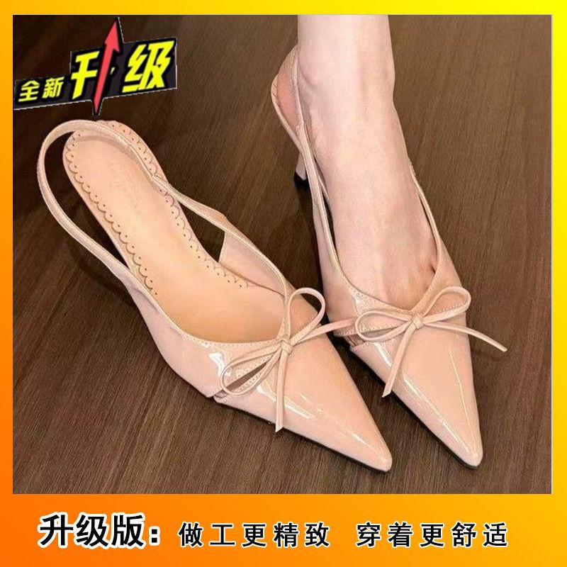 2025 spring and summer French pointed head bow temperament fashion light mouth empty bag head medium heel high heels women's sandals