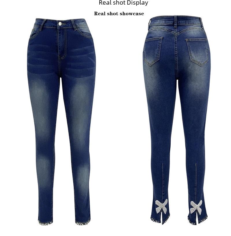 European & American Slim Beaded Butterfly Floral Women's Pencil Jeans