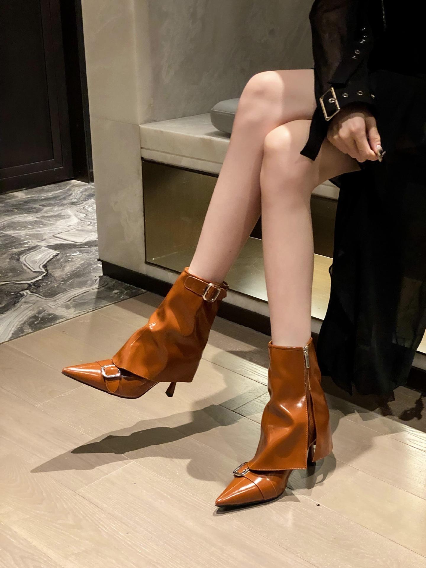 

2025 autumn new pointed thin heel high heel temperament French fashion sexy beautiful women short boots 40 светло-коричневого