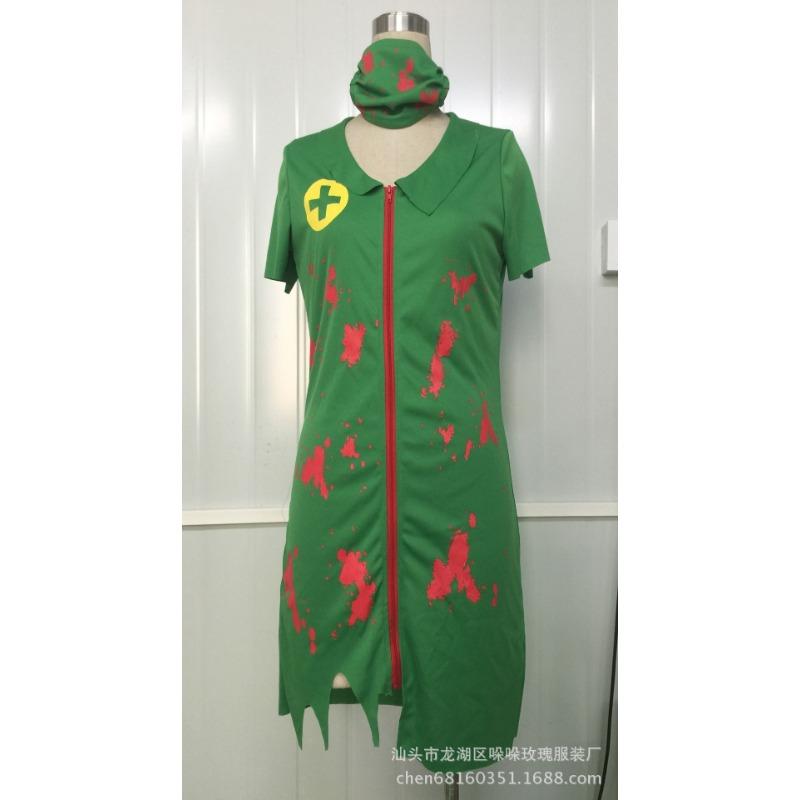 

Костюм на Хэллоуин Зеленый Ужас Запятнанный кровью Женская форма медсестры, Костюм для вечеринки для сценического выступления медсестры-зомби XL зелёный