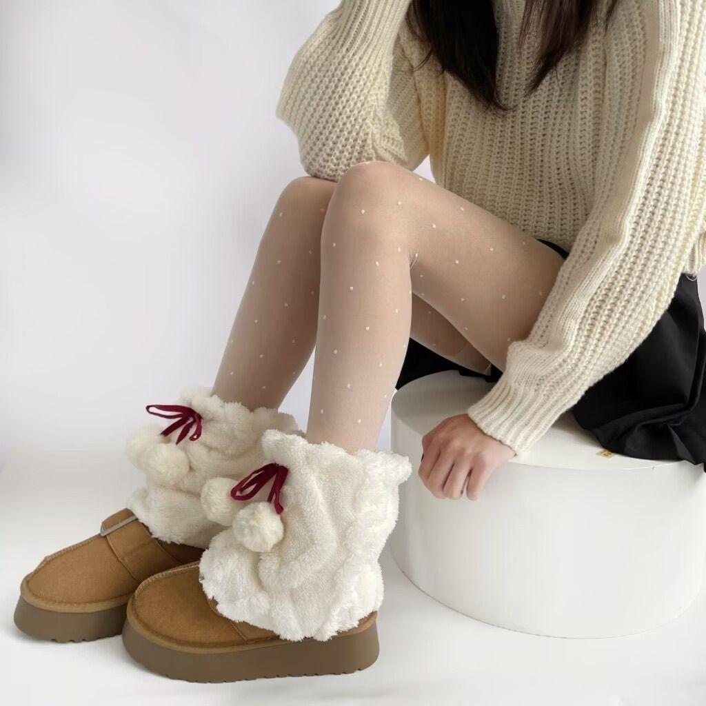 Autumn Winter Warm Knit Plush Socks Cute Bow Pom Pom Leg Warmers Japanese Stacked JK Mid Calf Socks