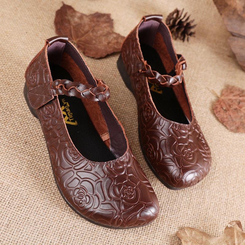 New luxury embossed mary jane shoes women's vintage real leather flats elegant sandals woman shallow braids strap moccasin shoe