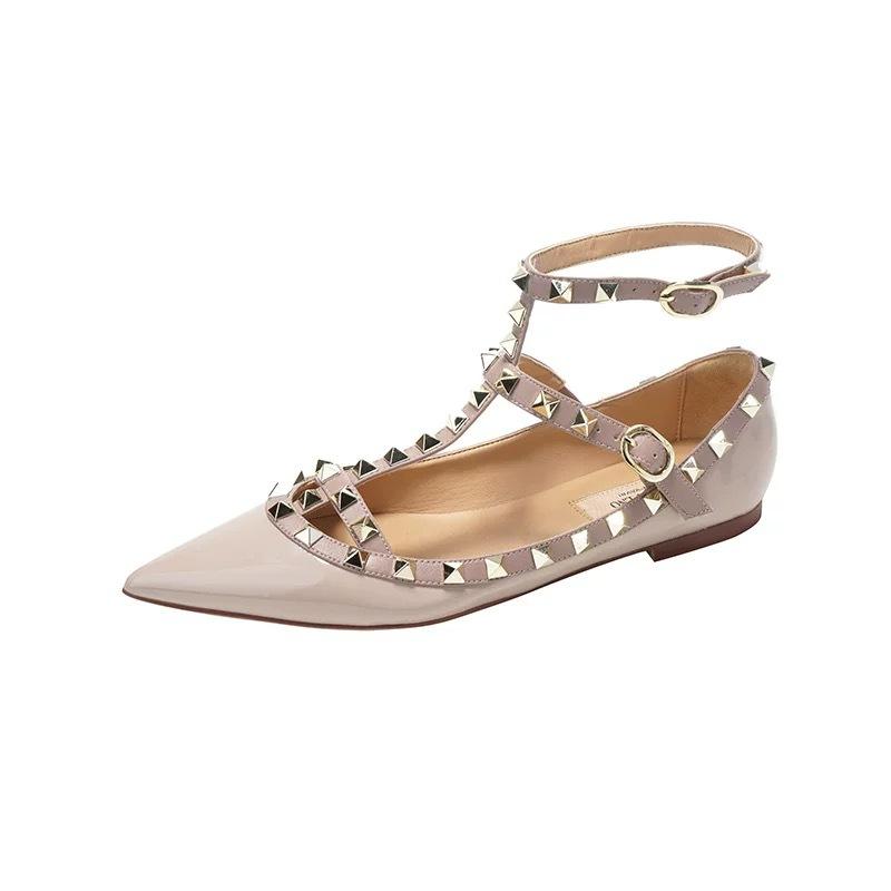 New V Home Rivet Pointed Flat Shoes Light Mouth Straps Willow Nude Patent Leather Soft Bottom Light Mouth Single Shoes Women