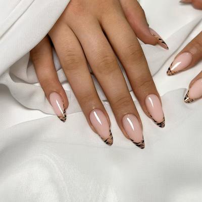 Fake Nails Wear Nail Pieces Leopard Print French Fake Nails Simple Removable Nail Pieces Almond Nails 24 Pieces