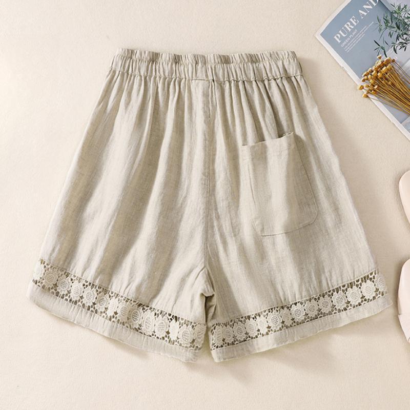 Casual Solid Linen Lace Floral Summer Short Pants Loose Elastic Waist Boho Beach Wear Shorts Women Bottom