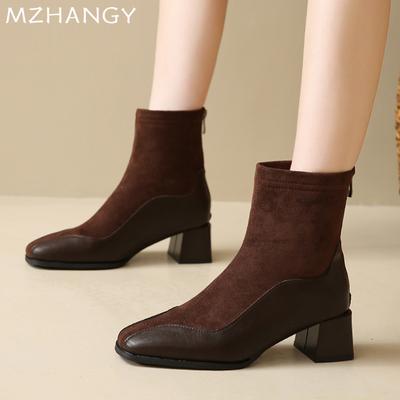 Mode Damen Wildleder Stiefeletten Mode Winter Mittelhohe Absätze Schuhe Frau 2025 Trend Elegant Kleid Neu Schnee Goth Motorradstiefel Mujer Botas